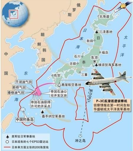 图中200海里线大致是日本空中自卫队的防空识别圈范围，涵盖钓鱼岛。